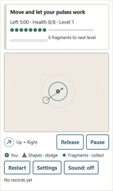 ① Drag from your first touch in any open part of the arena. ② The arrow shows your current direction. ③ Release cancels movement; lifting your finger also stops it. The teal circle is you.