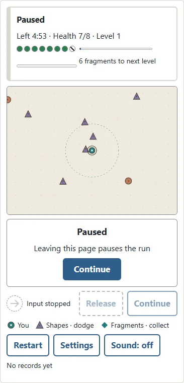 Contact costs one health point. ① The small outer ring marks brief protection. ② An empty mark shows lost health. Move away from overlapping shapes while protected.