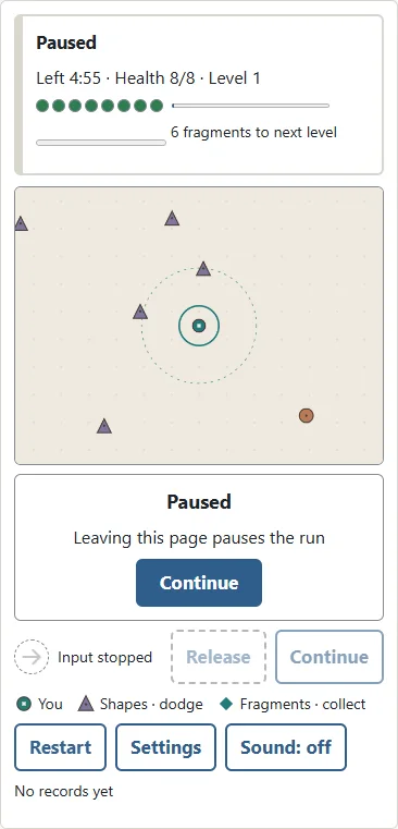 ① You are the teal circle with a square center. ② The dashed circle shows pulse reach. Pulses appear automatically and hit nearby shapes; there is no fire button.