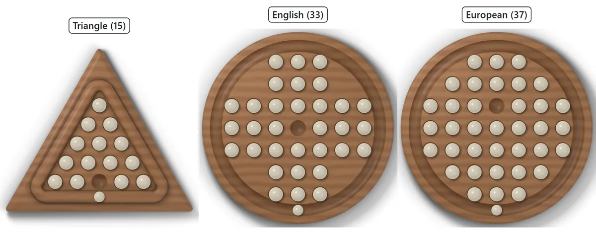 The 15-hole triangle board, the cross-shaped English 33-hole board and the rounder European 37-hole board side by side