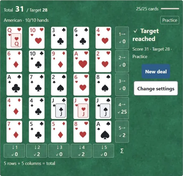 Actual finished game: 25 cards, total 31, target 28 and the New deal button.