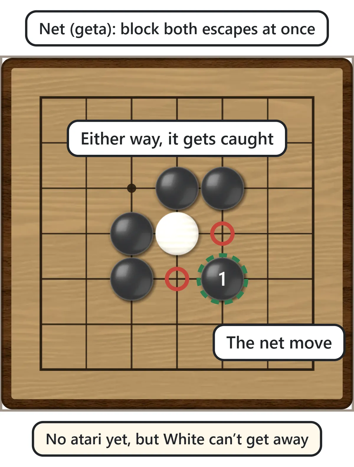 Black plays diagonally in front of a white stone. Red rings mark the two points White could extend to; either way White is captured.