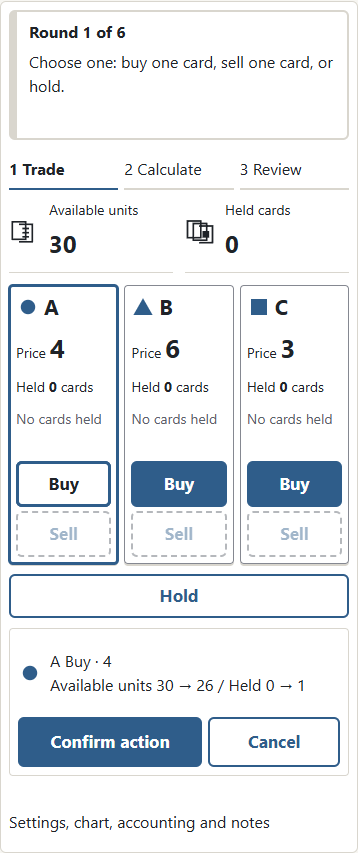 ① Check the preview of units and card count, then ② Confirm action. Tap the same choice again, use Cancel, click a blank area or press Escape to choose again before committing.