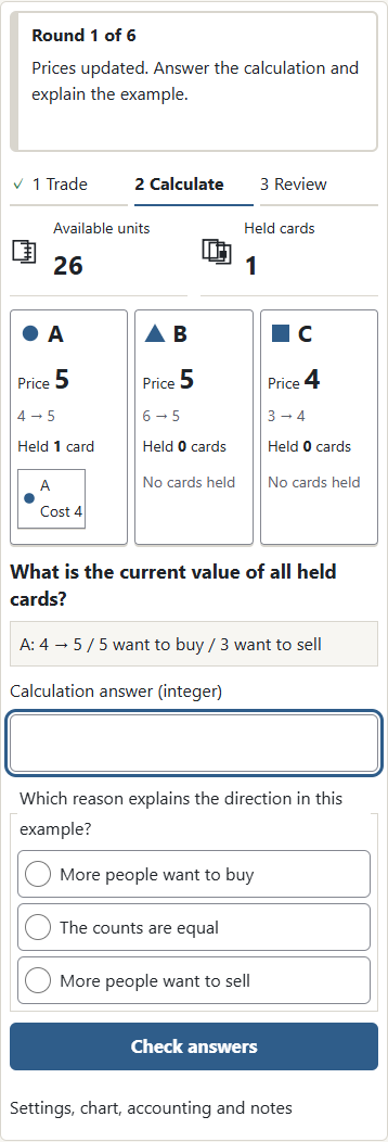 ① Prices update after the action. ② The calculation input sits beside the cards. This Normal example asks for the sum of card count × current price across all types.