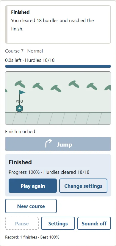 ① Finish at forty seconds with Hurdles 18/18. ② Play again repeats the course; New course picks another number. Records stay in this browser.