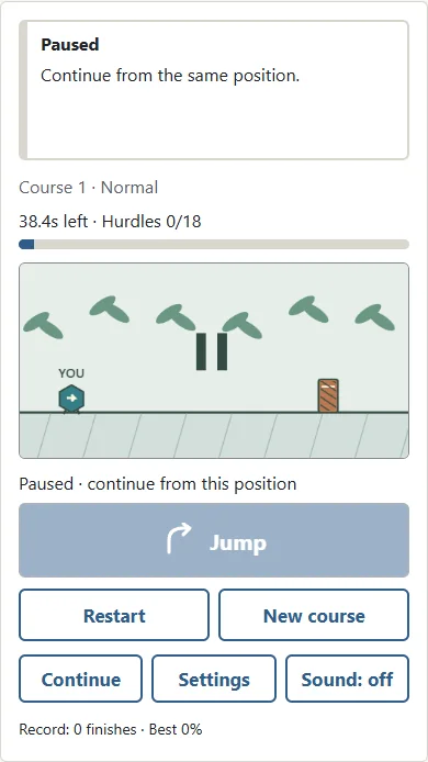 ① The blue runner moves right automatically. ② When a striped hurdle approaches, tap the course or press Jump.