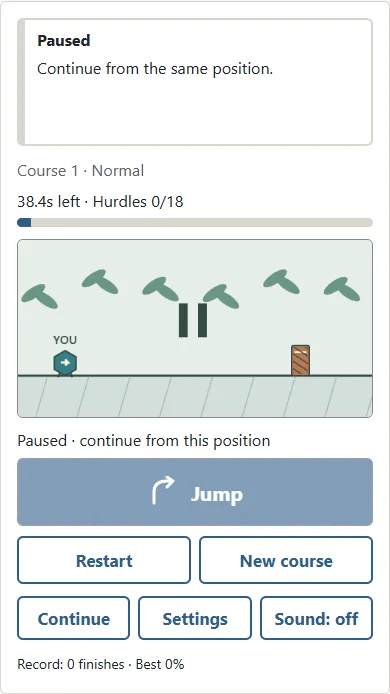 ① Pause keeps the position and remaining time. ② Continue resumes. Loading a save or changing language opens an unfinished course paused.