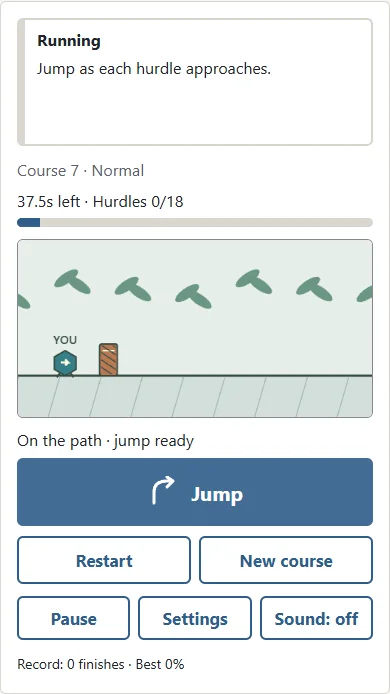 Watch ① the runner’s feet and ② the approaching hurdle. Jump before contact, pass above it, then land on the path.