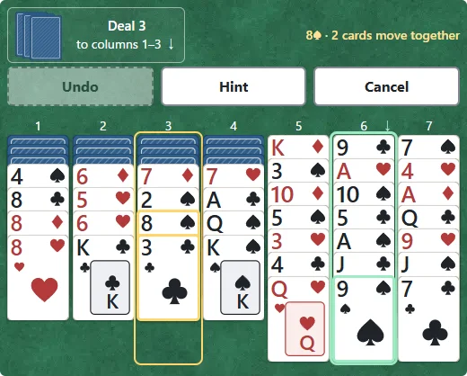 ① Select the yellow group → ② tap the green destination. Every card below the selected card moves too, even if mixed.