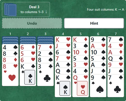 Normal begins with three hidden cards in each of the first three columns. Open Settings to change the rule.