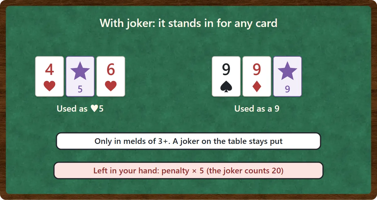 The joker stands in for the 5 of hearts between the 4 and 6 of hearts, or for a 9 in a set of 9s. It can only be used inside a meld of three or more, and left in your hand it multiplies your penalty by 5