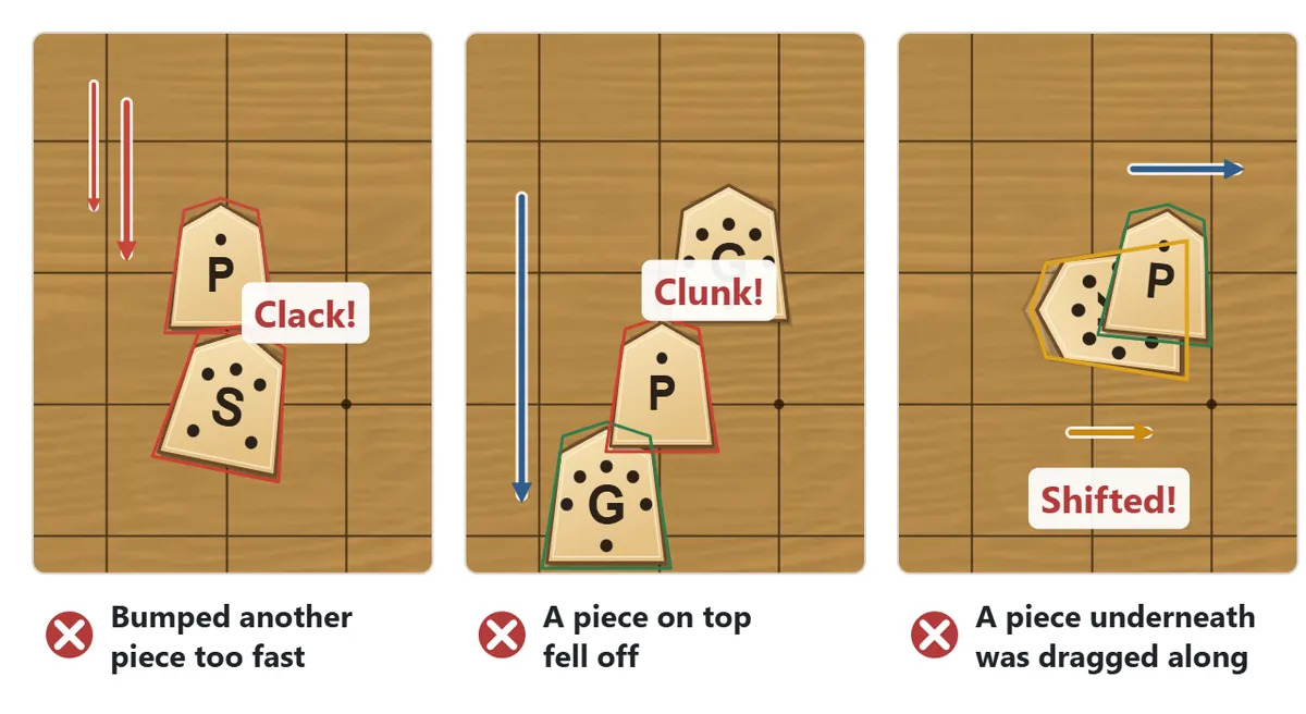 Three ways to miss. Left: the held piece hits another piece fast (clack). Middle: a piece resting on top falls off (clunk). Right: a piece underneath is dragged out of place.