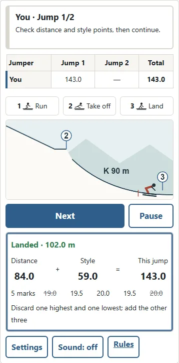 ① Check your distance and ② its distance points. Passing the hill’s K point increases this part of the score.