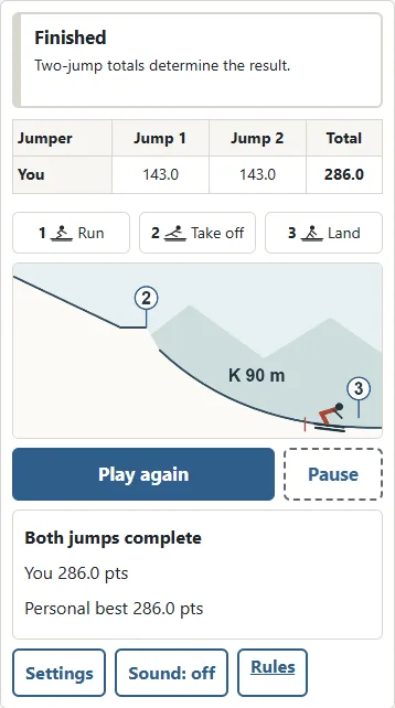 ① The total adds Jump 1 and Jump 2. ② Play again starts a fresh pair of jumps.