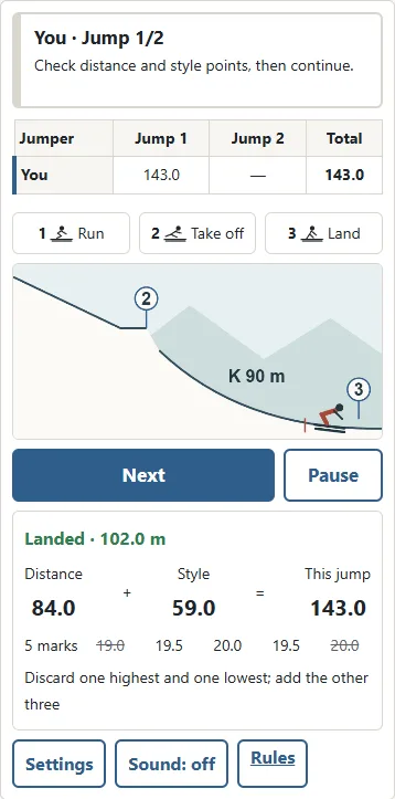 ① Distance + ② style = ③ this jump’s score. Press Next to continue.