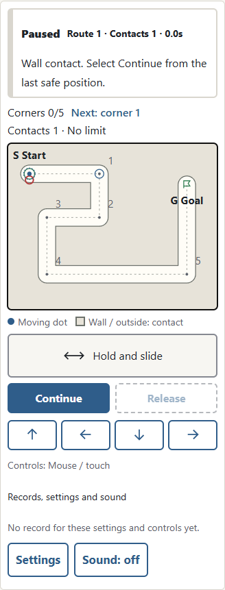 ① A contact stops the dot at its last safe position. In Practice and Three contacts, select ② Continue before holding again. Continuing keeps your contact count.