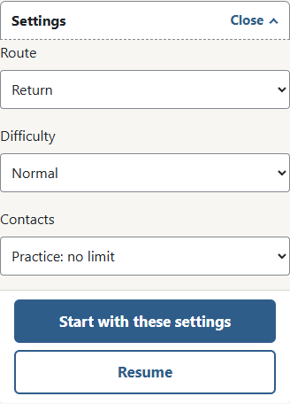 ① Difficulty sets the corridor width; ② Contacts sets when an attempt ends. Start begins a new attempt. Resume restores the saved position and its original settings.