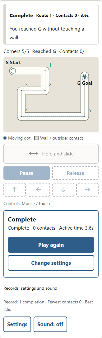 ① Reaching G shows your contacts and active time. Select ② Play again for the same settings from S. Open Records, settings and sound to see completions and best results.