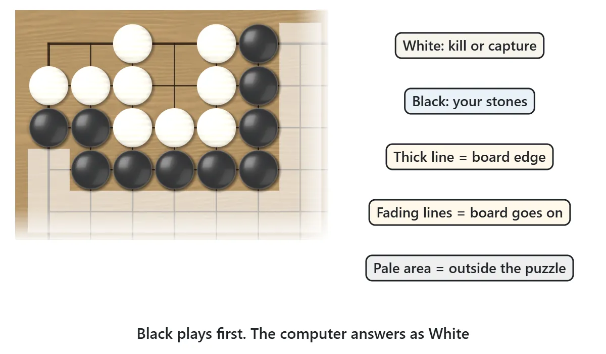 A Go problem board cut from the upper left corner of a full board. White stones sit in the corner and black stones surround them. A thick line marks the board edge, lines fade out where the board continues, and pale points are outside the puzzle