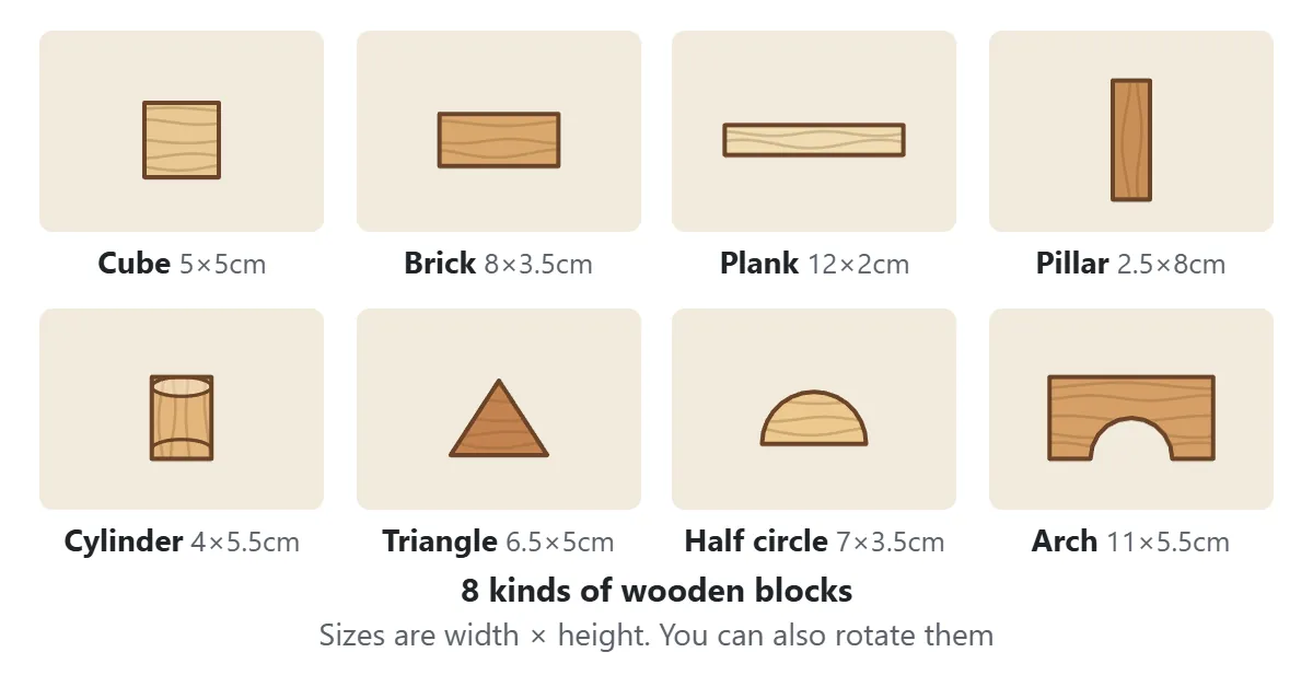The eight blocks: Cube (5 × 5 cm), Brick (8 × 3.5 cm), Plank (12 × 2 cm), Pillar (2.5 × 8 cm), Cylinder (4 × 5.5 cm), Triangle (6.5 × 5 cm), Half circle (7 × 3.5 cm) and Arch (11 × 5.5 cm)