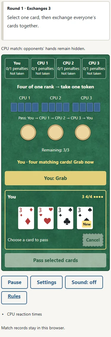 Legal example: 1. Four cards of the same rank allow the first grab. 2. In CPU mode, tap a central token or your own Grab button.