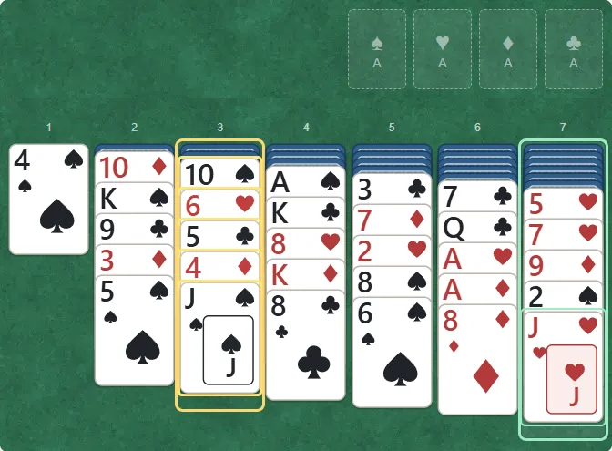 The ten of spades, six of hearts, five of clubs, four of diamonds and jack of spades in column 3 are selected in yellow. Column 7, ending in the jack of hearts, is outlined in green.