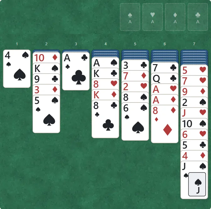 After the five-card packet moves beneath the jack of hearts in column 7, one hidden card in column 3 turns face up, revealing the ace of clubs.