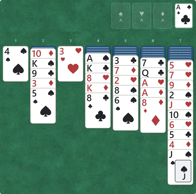 The ace of clubs has moved from column 3 into the club foundation above. The three of hearts is now exposed in column 3.