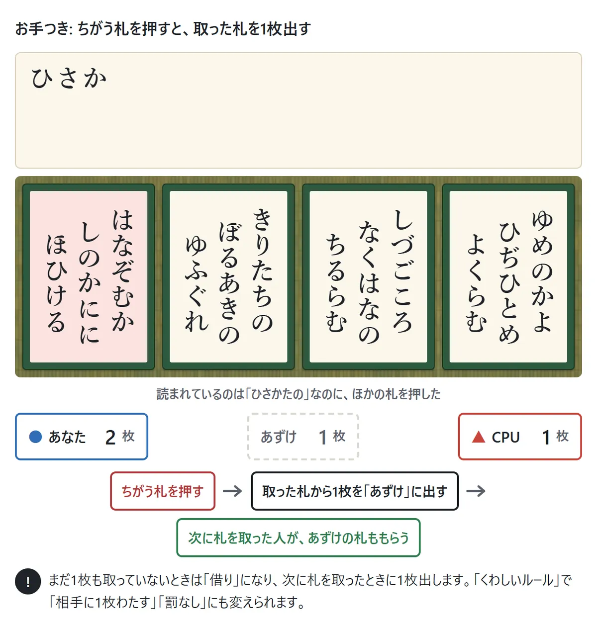 お手つきの図。読まれている歌とちがう札を押すと、その札が赤く揺れて、自分の取った札から1枚が「あずけ」に出る。次に札を取った人が、あずけの札ももらう