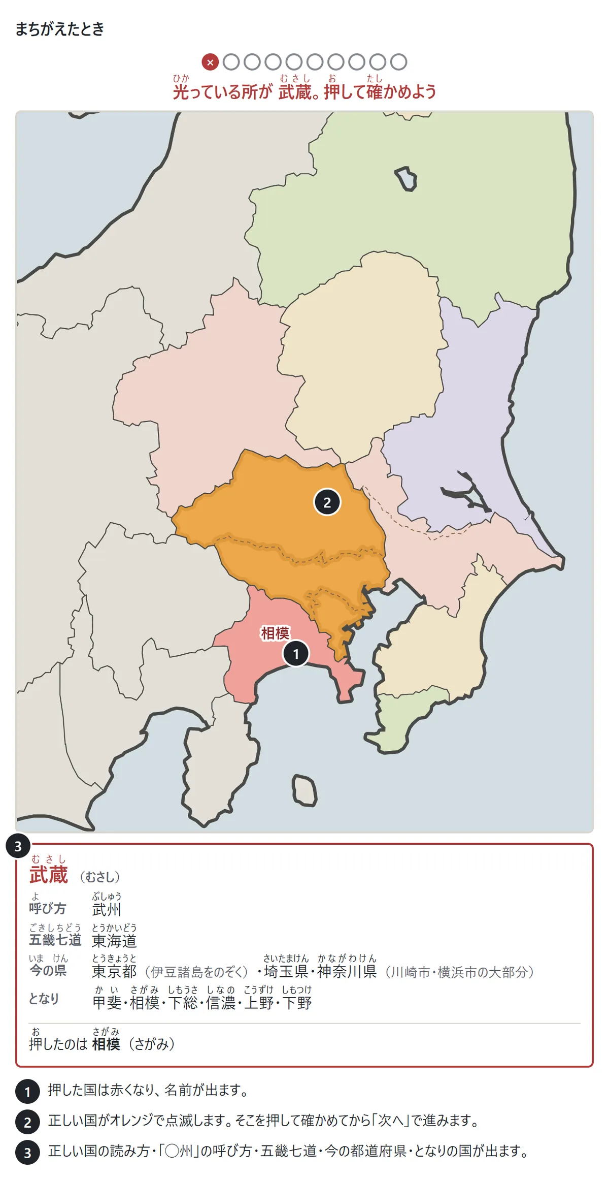 武蔵の問題で相模を押した場面。相模が赤くなって名前が出て、武蔵がオレンジで点滅している。下に武蔵の読み方・武州という呼び方・東海道・今の東京都と埼玉県と神奈川県・となりの国の説明