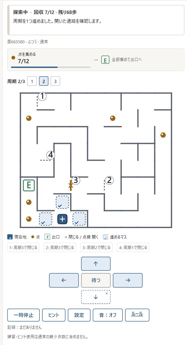 ①「待つ」でその場にとどまり、②周期だけを次へ進めます。待つ操作も1歩使います。