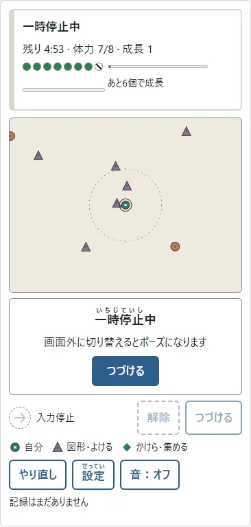 接触すると体力が1つ減ります。①自分の小さな外輪が出る間は短い保護時間。②欠けた印が減った体力です。この間に重なった図形から離れます。