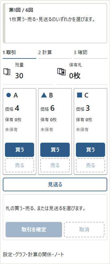 ①残量30から始めます。②各回は取引→計算→確認の順です。●A・▲B・■Cの形と文字で札を区別し、6回で終了します。