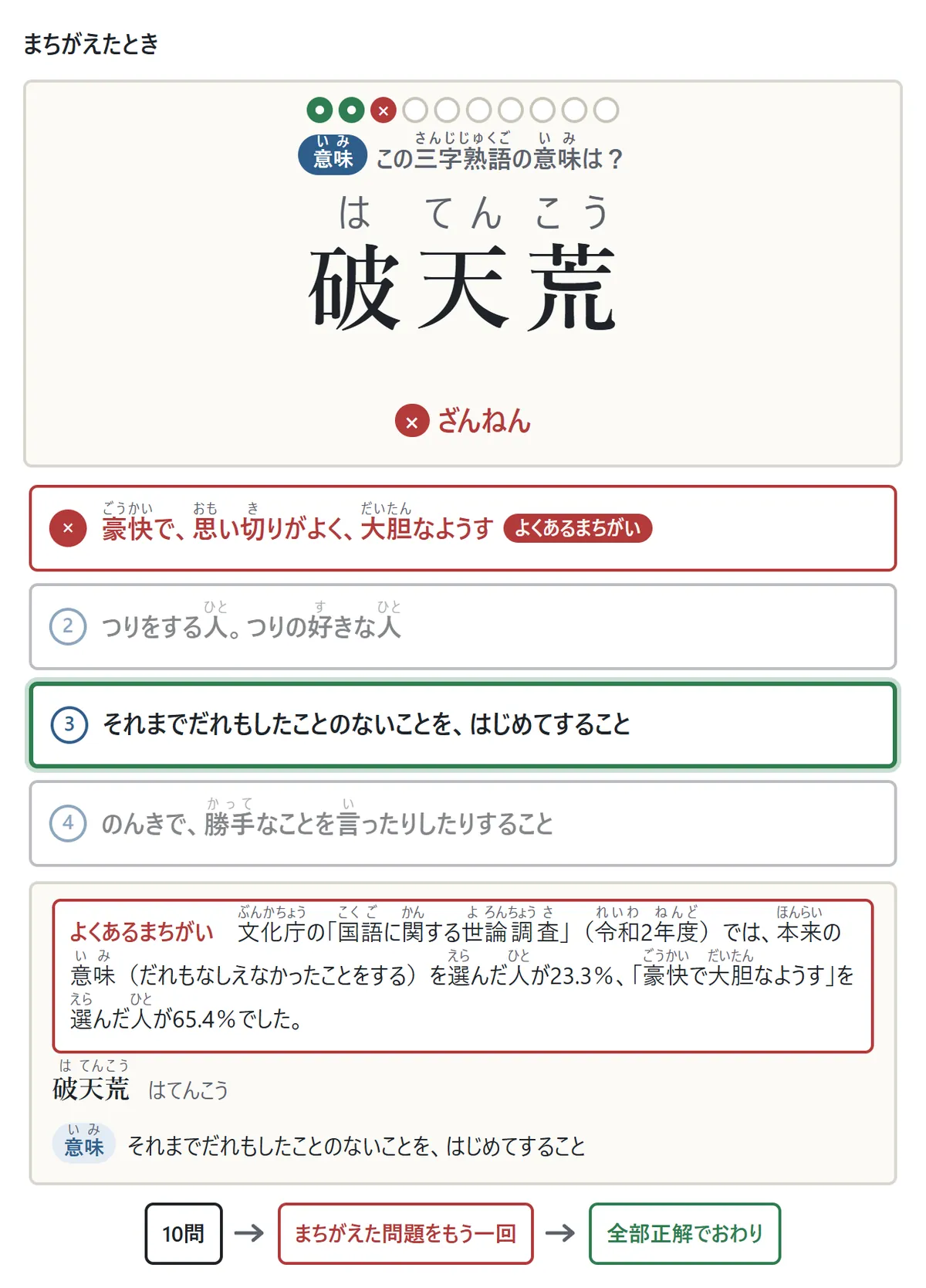 まちがえたときの図。「破天荒」の意味の問題で「豪快で、思い切りがよく、大胆なようす」を選ぶと×が付き、「よくあるまちがい」の印と文化庁の調査の説明が出る。正しい答えは緑の枠