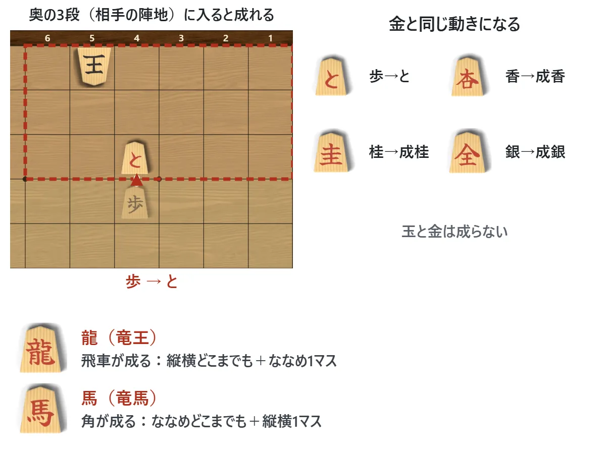 盤の奥の3段が相手の陣地(色がついている)。歩が入って「と」に成る。成った駒の動き: と・成香・成桂・成銀は金と同じ、龍は飛に斜め1マス、馬は角に縦横1マスを足した動き
