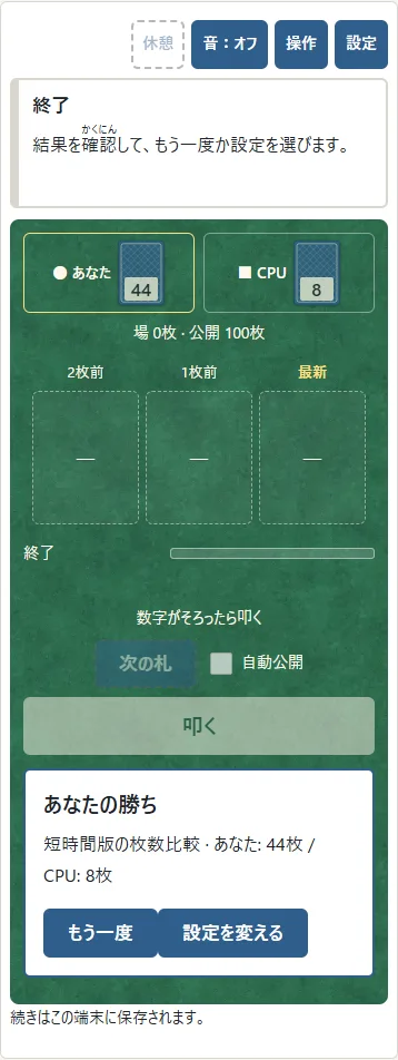 短時間版の勝者と枚数