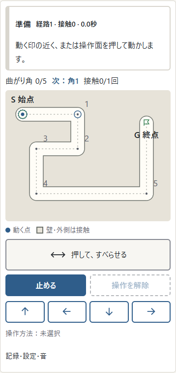 ①S 始点の小さな動く点から、②G 終点を目指します。番号のある角を順番に通り、点全体を白い通路の中に保ちます。点の外側の破線は押す場所の目印です。