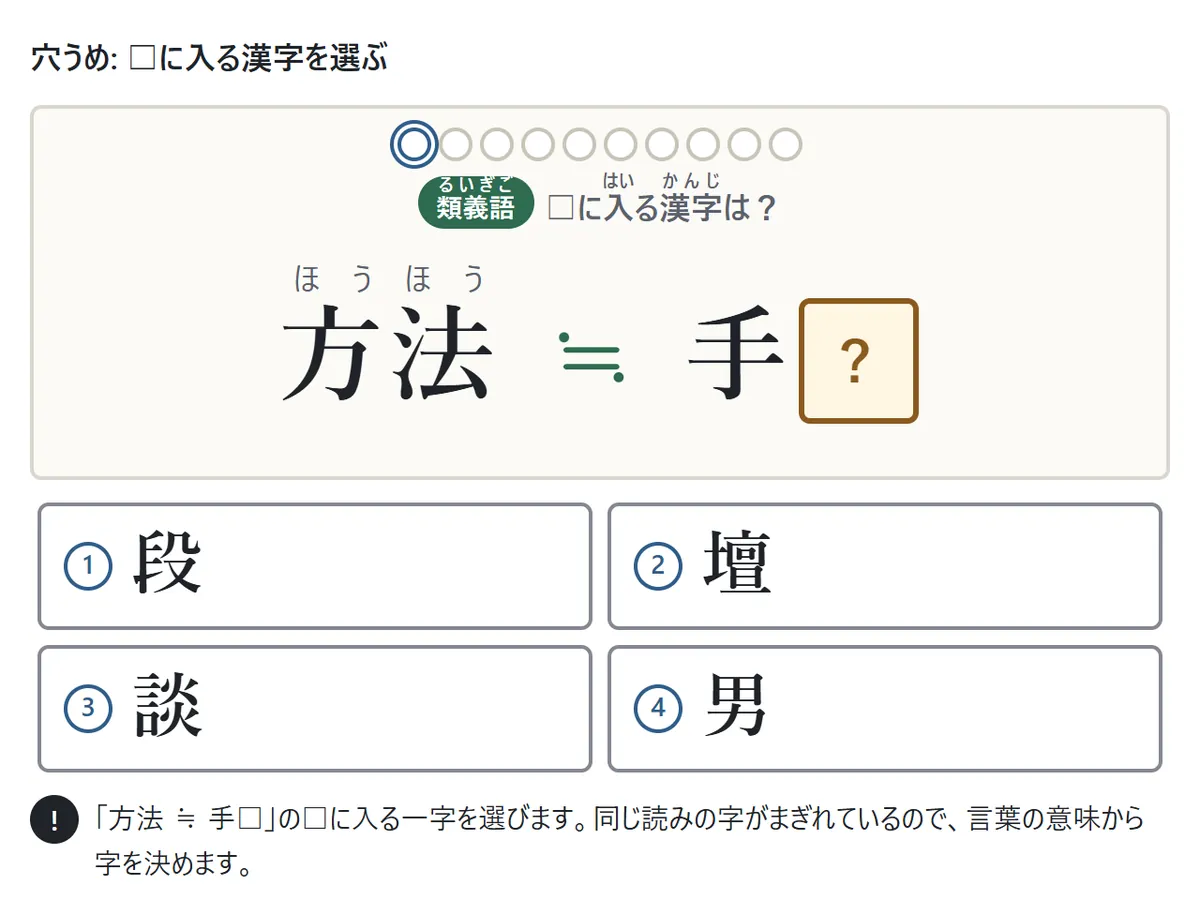 穴うめの図。「方法 ≒ 手□」の□に入る字を4つから選ぶ