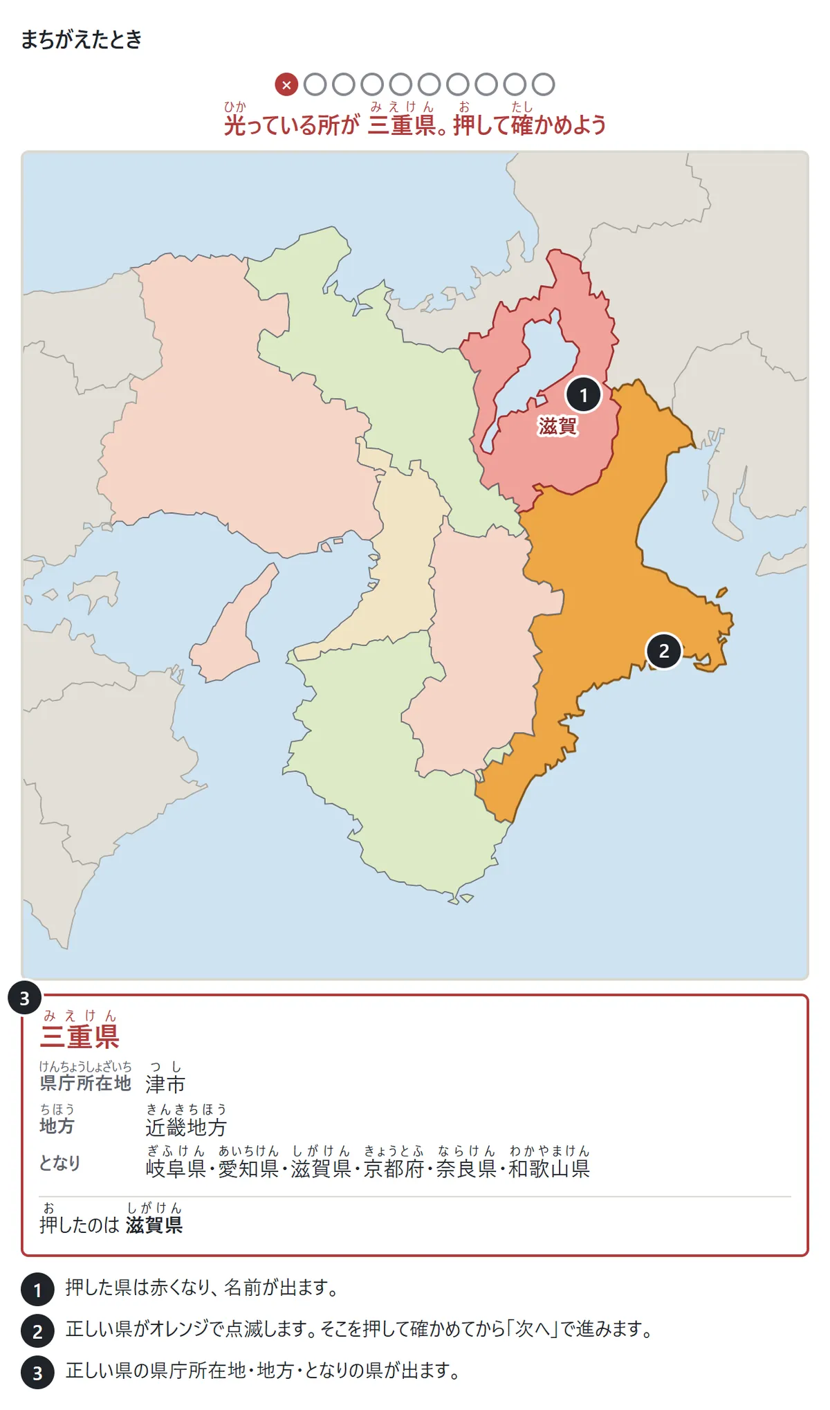 三重県の問題で滋賀県を押した場面。滋賀県が赤くなって名前が出て、三重県がオレンジで点滅している。下に三重県の県庁所在地（津市）・地方（近畿地方）・となりの県の説明