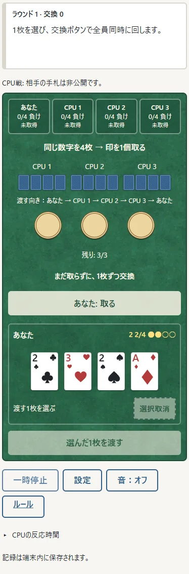 ①4席に4枚ずつ。CPUの札は伏せています。②中央の印は3個。③自分の同じ数字を4枚集めます。